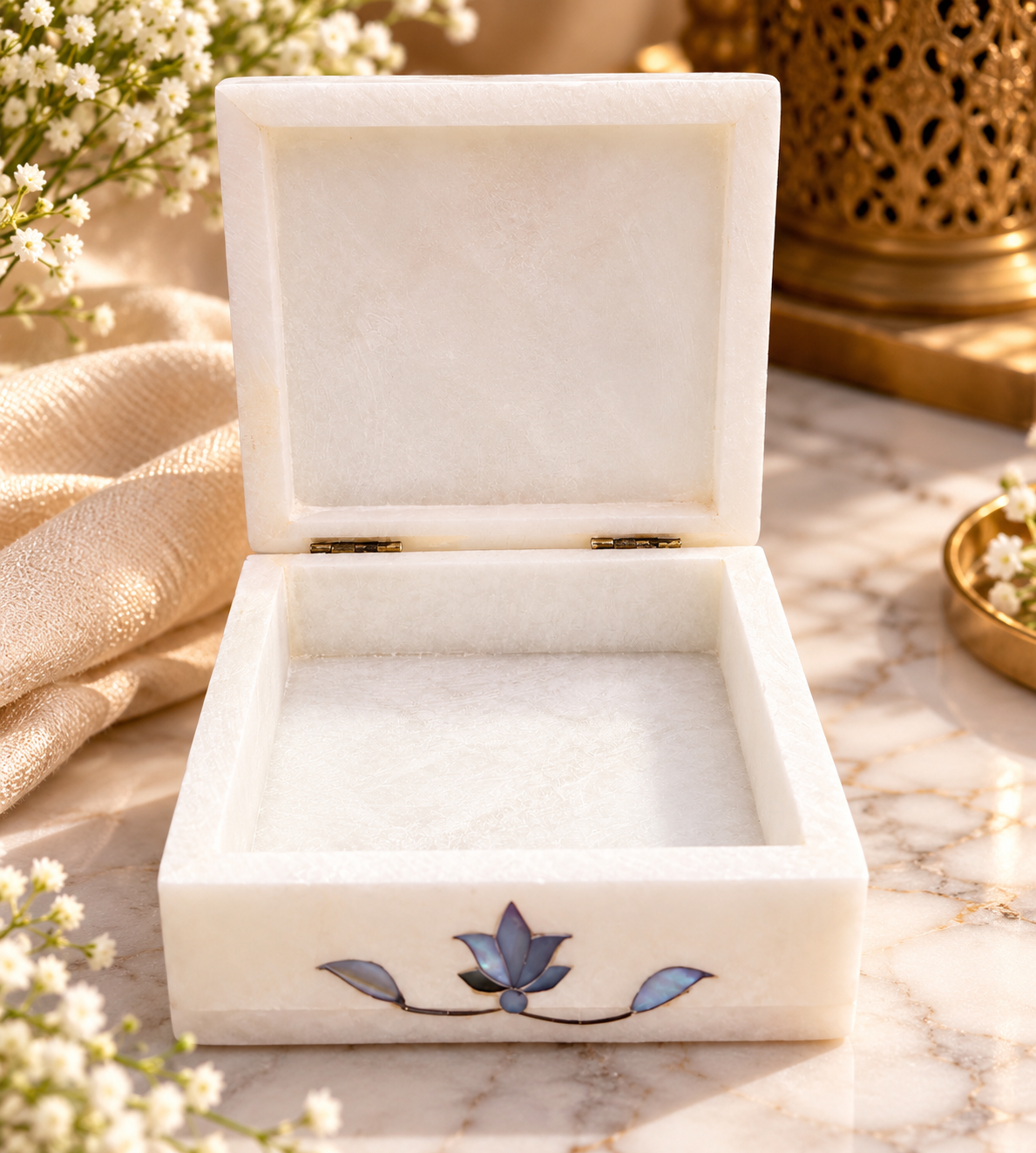 Handcrafted Alabaster Jewelry Box – Blue Floral Inlay | 4×4 Inch Luxury Keepsake Box