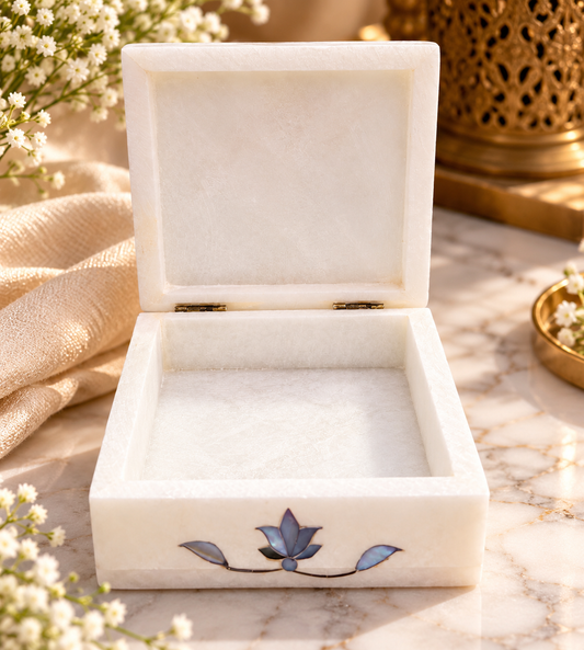 Handcrafted Alabaster Jewelry Box – Blue Floral Inlay | 4×4 Inch Luxury Keepsake Box