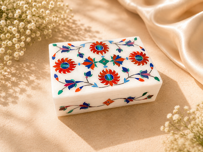 Large Handcrafted Alabaster Jewelry Box – 6×4 Multicolor Floral Inlay Keepsake Box