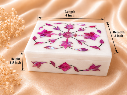 Handcrafted Alabaster Jewelry Box – 4x3 Inch, Floral Inlay, Natural Stone Keepsake Box