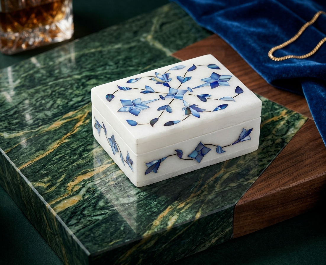 Alabaster Jewelry Box & Handmade Patwa Jewelry Gift Set – Royal Blue