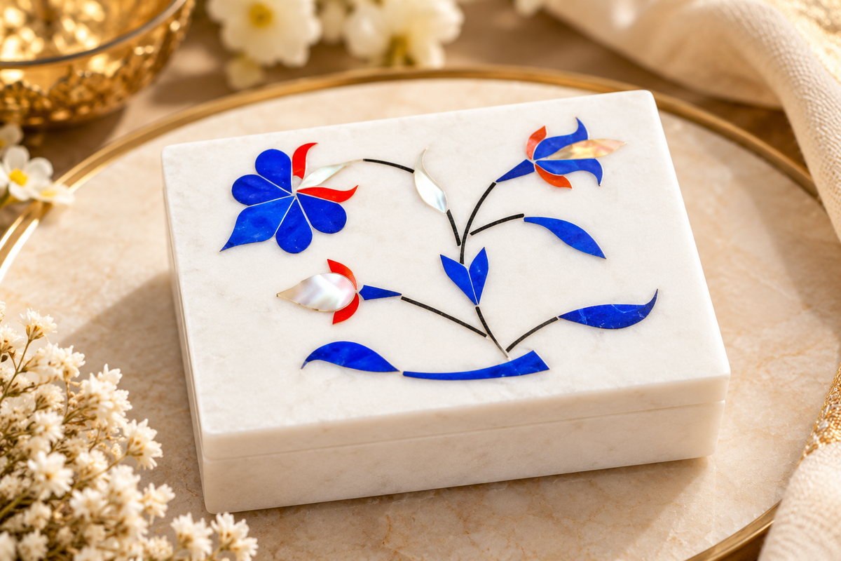 Handcrafted White Marble Jewelry Box – Blue Floral Inlay Mini Keepsake Box | 3 × 2 Inch