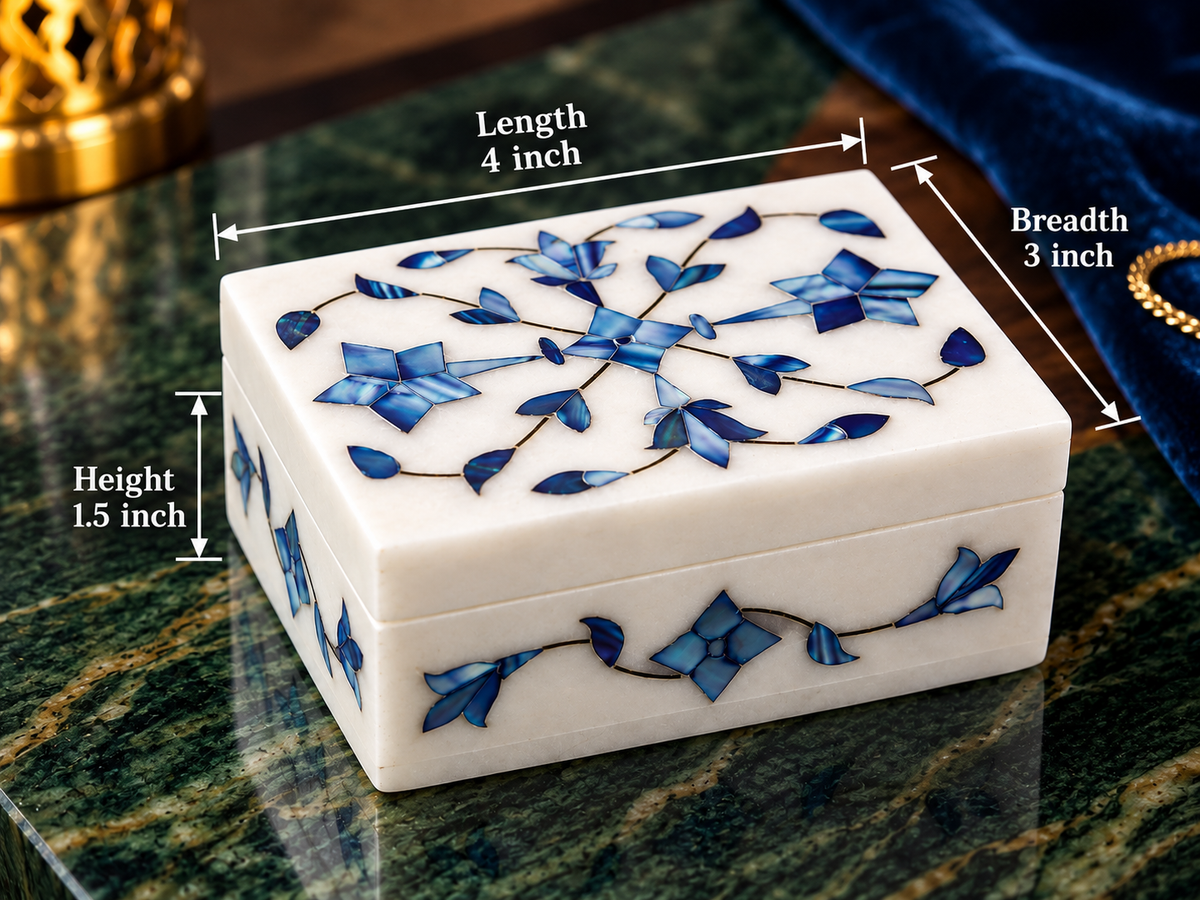 Handcrafted Alabaster Jewelry Box – 4x3 Inch, Floral Inlay, Natural Stone Keepsake Box