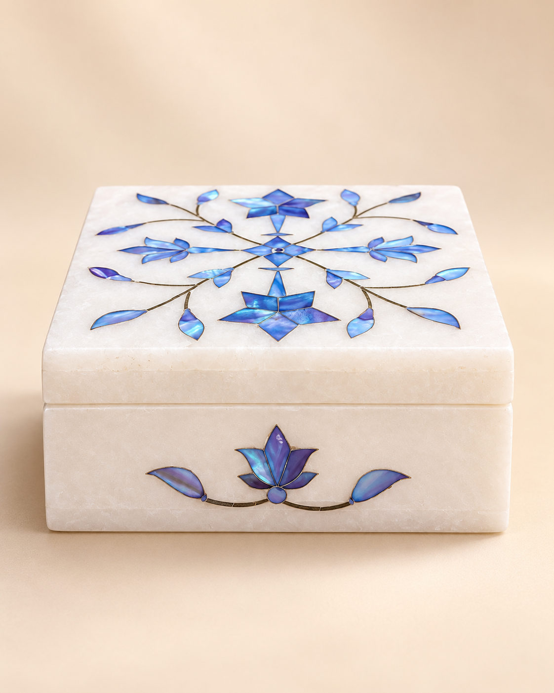 Handcrafted Alabaster Jewelry Box – Blue Floral Inlay | 4×4 Inch Luxury Keepsake Box