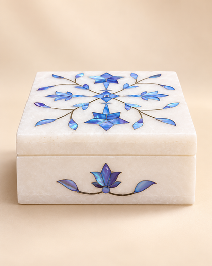 Handcrafted Alabaster Jewelry Box – Blue Floral Inlay | 4×4 Inch Luxury Keepsake Box