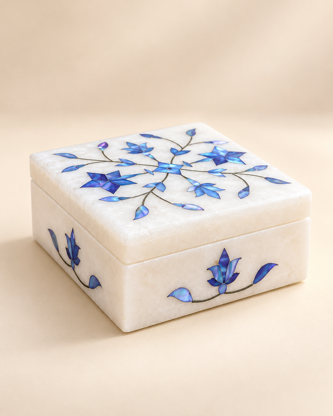 Handcrafted Alabaster Jewelry Box – Blue Floral Inlay | 4×4 Inch Luxury Keepsake Box