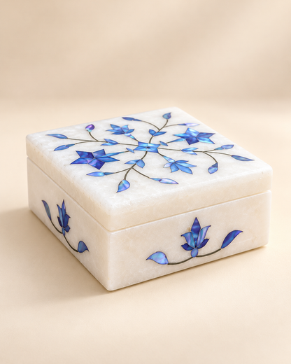 Handcrafted Alabaster Jewelry Box – Blue Floral Inlay | 4×4 Inch Luxury Keepsake Box