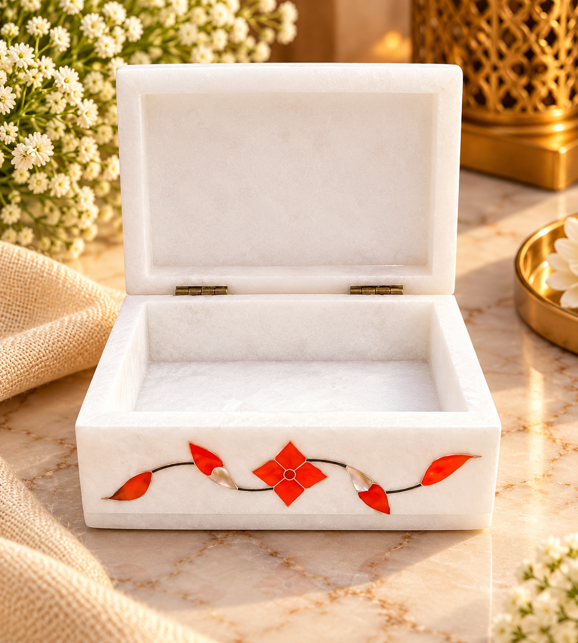 Handcrafted Alabaster Jewelry Box – 4x3 Inch, Floral Inlay, Natural Stone Keepsake Box