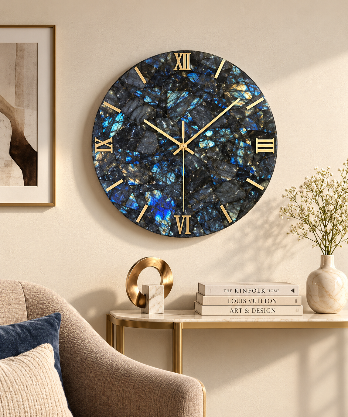 Handcrafted Labradorite Gemstone Wall Clock – 16 Inch Luxury Natural Stone Wall Décor