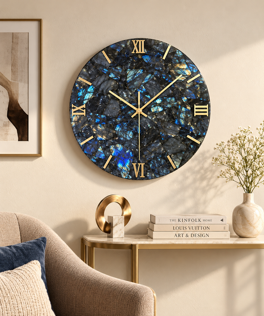Handcrafted Labradorite Gemstone Wall Clock – 16 Inch Luxury Natural Stone Wall Décor