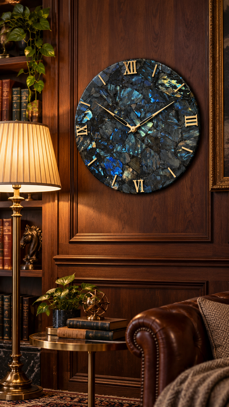 Handcrafted Labradorite Gemstone Wall Clock – 16 Inch Luxury Natural Stone Wall Décor
