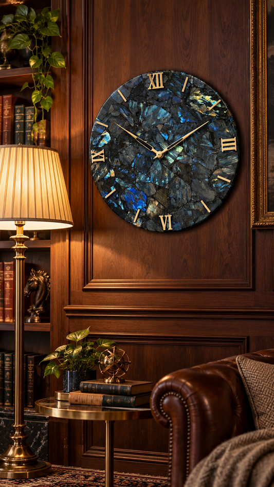 Handcrafted Labradorite Gemstone Wall Clock – 16 Inch Luxury Natural Stone Wall Décor