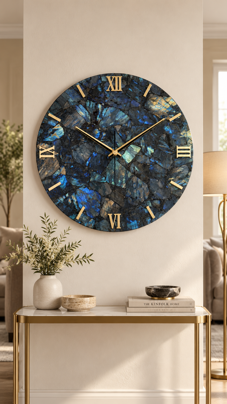 Handcrafted Labradorite Gemstone Wall Clock – 16 Inch Luxury Natural Stone Wall Décor