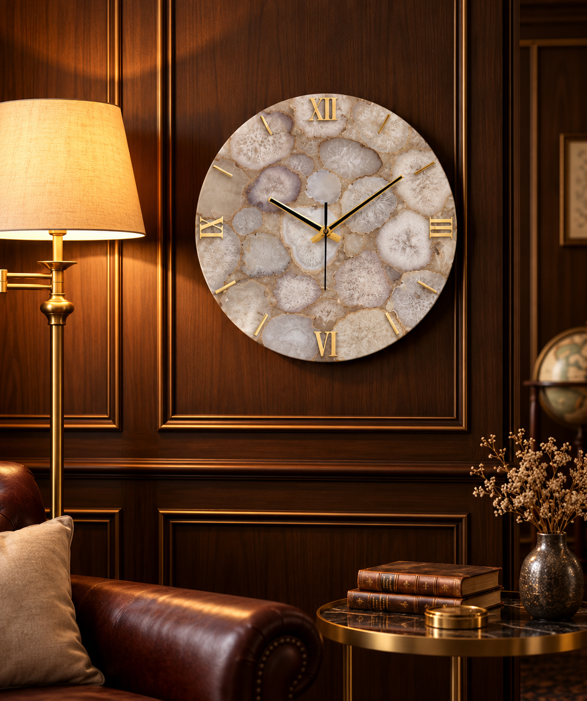 Handcrafted White Quartz Gemstone Wall Clock – 16 Inch Luxury Natural Stone Wall Décor
