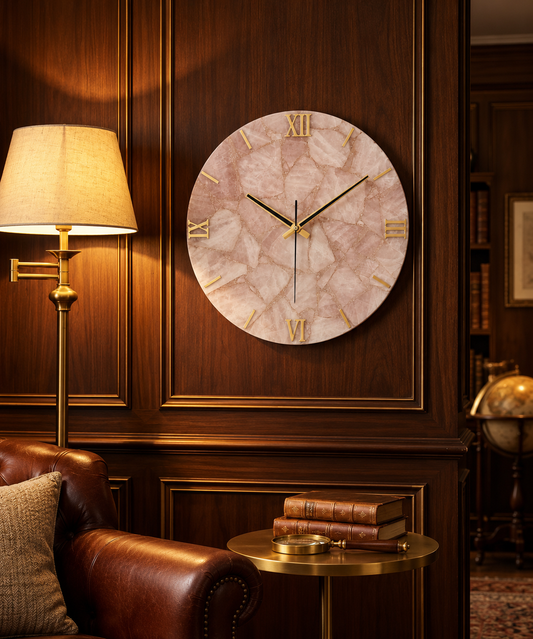Handcrafted Rose Quartz Gemstone Wall Clock – 16 Inch Luxury Pink Natural Stone Wall Décor