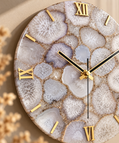 Handcrafted White Quartz Gemstone Wall Clock – 16 Inch Luxury Natural Stone Wall Décor