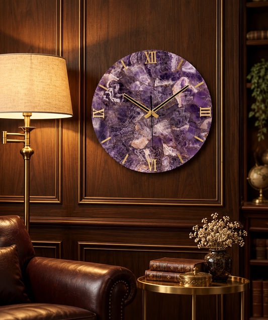 Handcrafted Amethyst Gemstone Wall Clock – 16 Inch Luxury Purple Natural Stone Wall Décor
