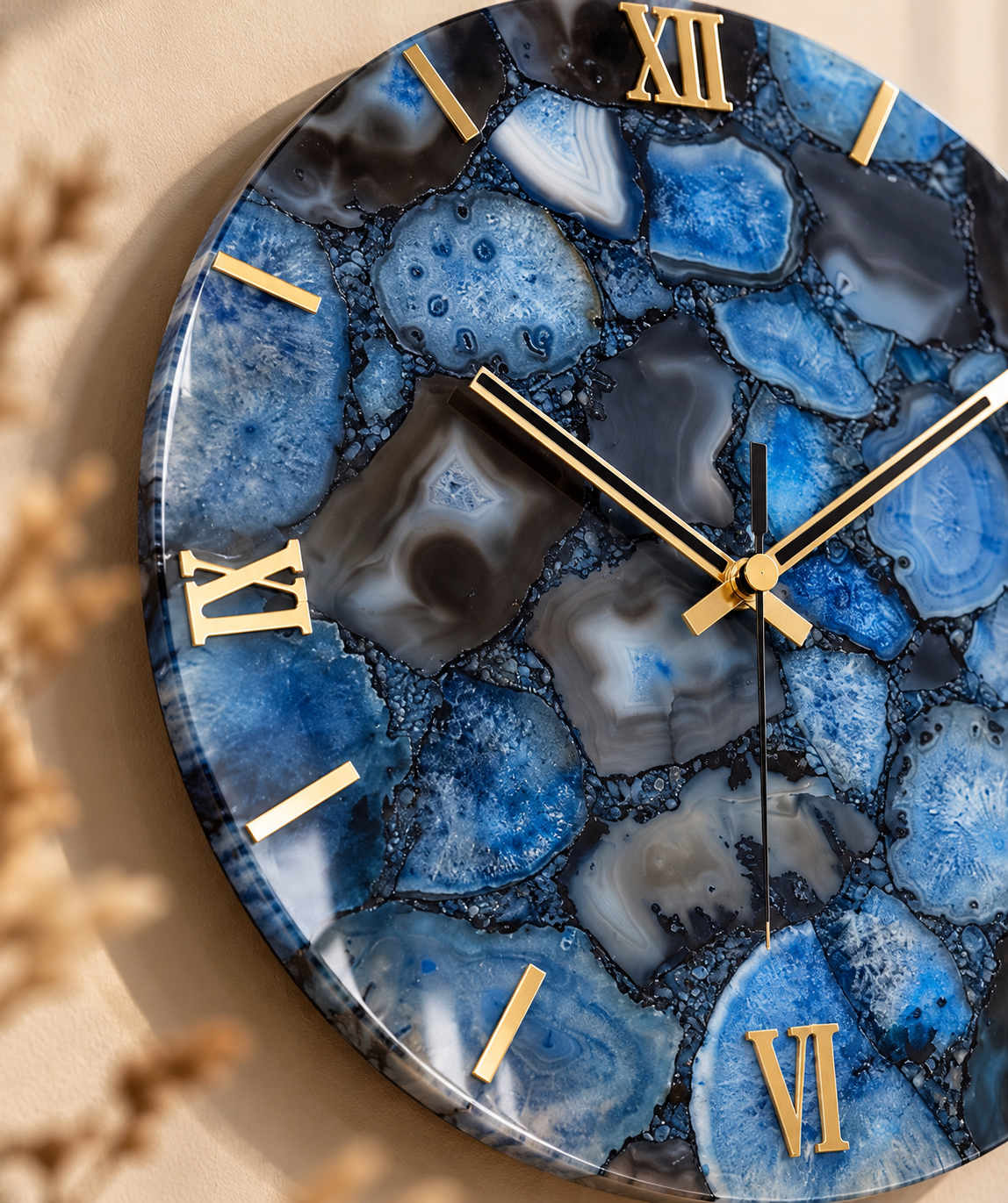 Handcrafted Blue Agate Gemstone Wall Clock – 16 Inch Luxury Natural Stone Wall Décor