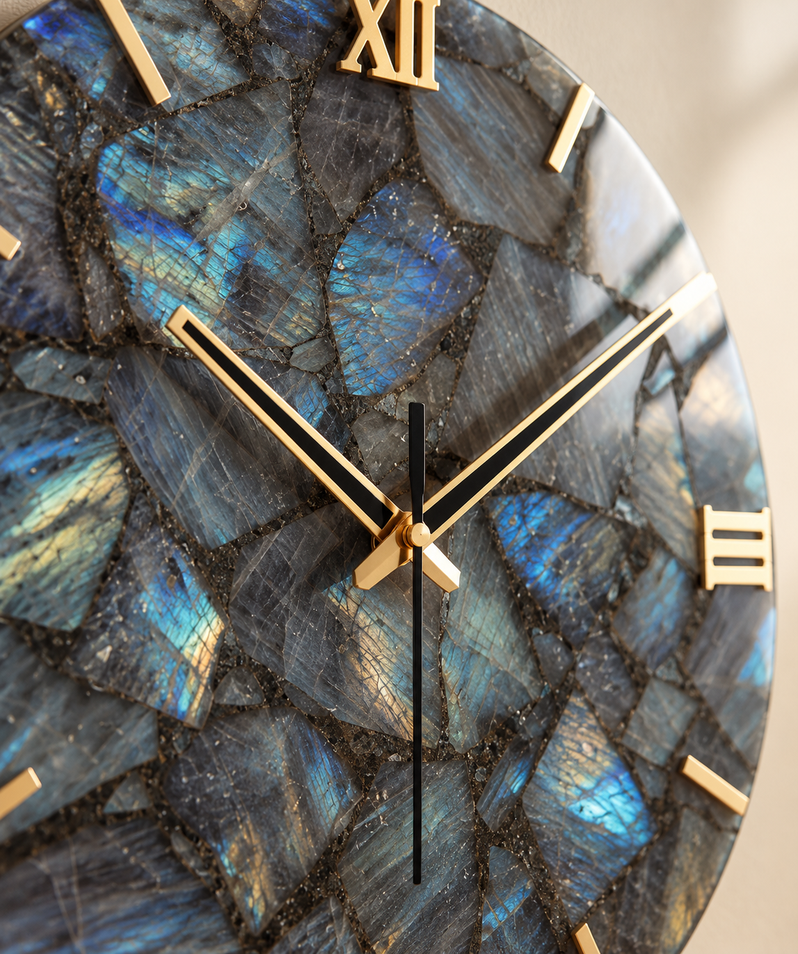 Handcrafted Labradorite Gemstone Wall Clock – 16 Inch Luxury Natural Stone Wall Décor