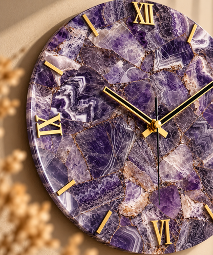Handcrafted Amethyst Gemstone Wall Clock – 16 Inch Luxury Purple Natural Stone Wall Décor