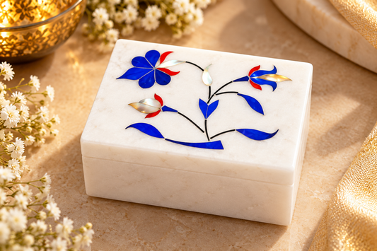 Handcrafted White Marble Jewelry Box – Blue Floral Inlay Mini Keepsake Box | 3 × 2 Inch