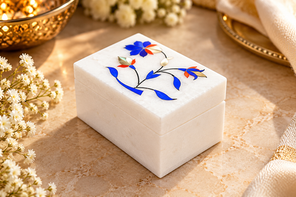 Handcrafted White Marble Jewelry Box – Blue Floral Inlay Mini Keepsake Box | 3 × 2 Inch