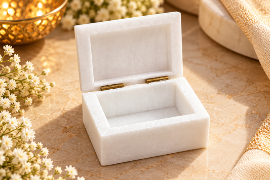 Handcrafted White Marble Jewelry Box – Blue Floral Inlay Mini Keepsake Box | 3 × 2 Inch