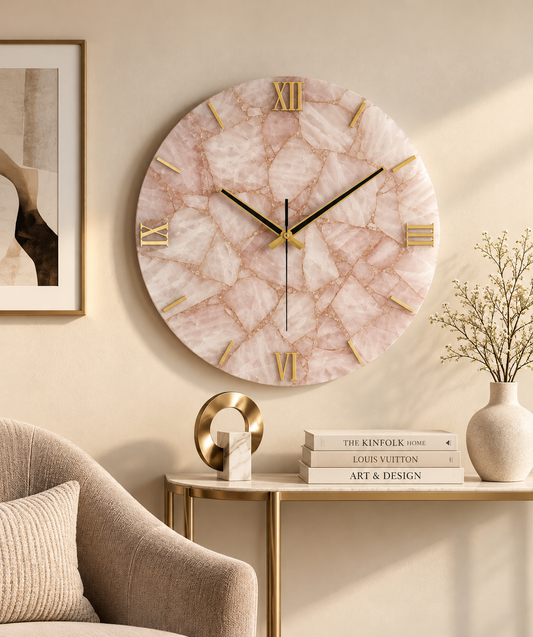 Handcrafted Rose Quartz Gemstone Wall Clock – 16 Inch Luxury Pink Natural Stone Wall Décor
