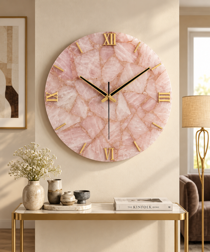 Handcrafted Rose Quartz Gemstone Wall Clock – 16 Inch Luxury Pink Natural Stone Wall Décor