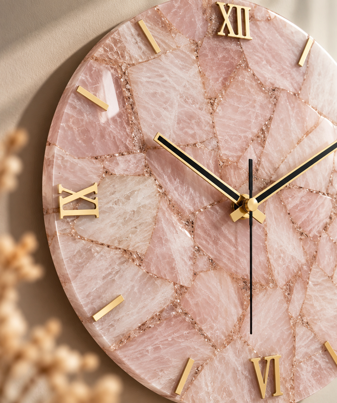 Handcrafted Rose Quartz Gemstone Wall Clock – 16 Inch Luxury Pink Natural Stone Wall Décor