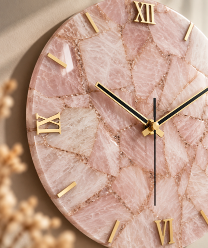 Handcrafted Rose Quartz Gemstone Wall Clock – 16 Inch Luxury Pink Natural Stone Wall Décor