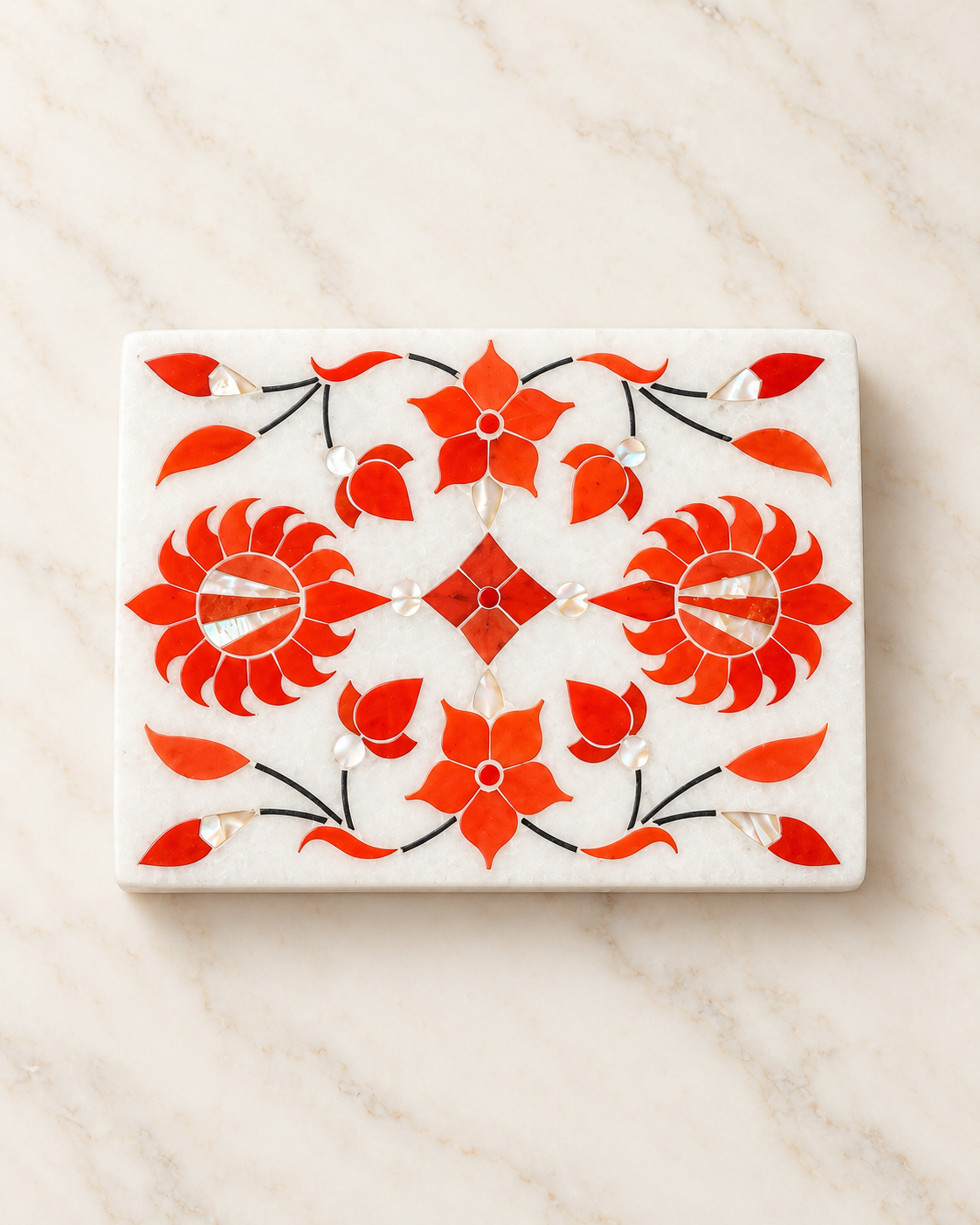 Handcrafted Alabaster Jewelry Box – 4x3 Inch, Floral Inlay, Natural Stone Keepsake Box