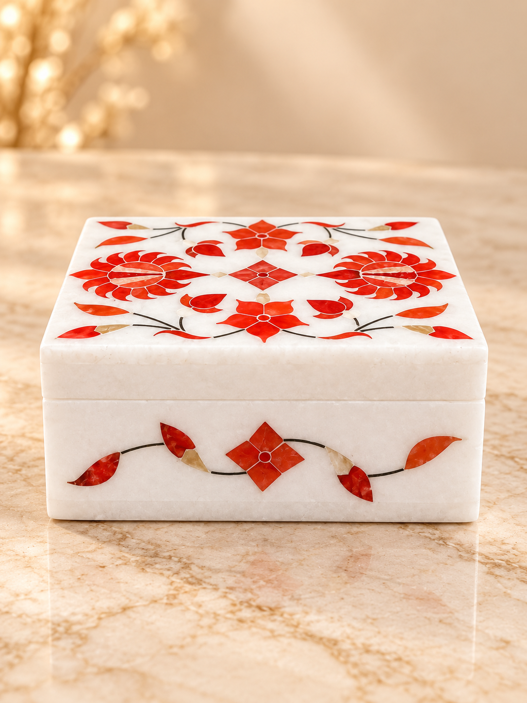 Handcrafted Alabaster Jewelry Box – 4x3 Inch, Floral Inlay, Natural Stone Keepsake Box