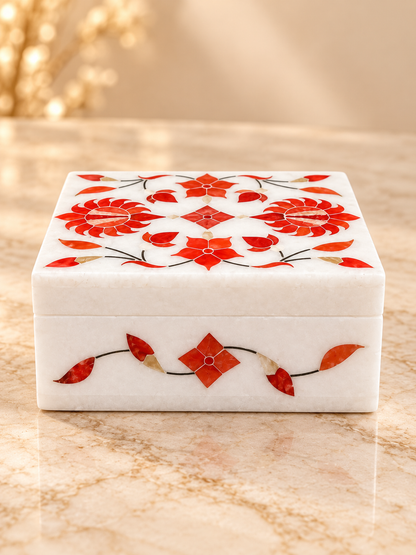 Handcrafted Alabaster Jewelry Box – 4x3 Inch, Floral Inlay, Natural Stone Keepsake Box