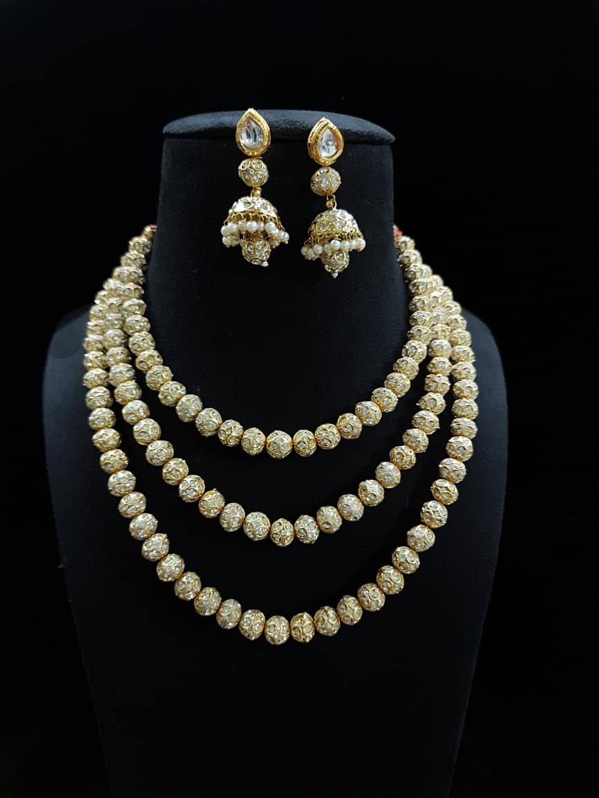 Handmade Kundan-Style Pearl Bead Jewelry Set – Necklace & Traditional Drop Earrings