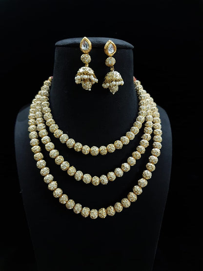 Handmade Kundan-Style Pearl Bead Jewelry Set – Necklace & Traditional Drop Earrings