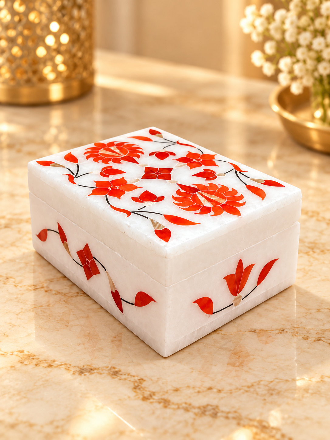 Handcrafted Alabaster Jewelry Box – 4x3 Inch, Floral Inlay, Natural Stone Keepsake Box