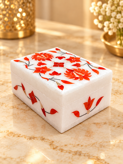Handcrafted Alabaster Jewelry Box – 4x3 Inch, Floral Inlay, Natural Stone Keepsake Box