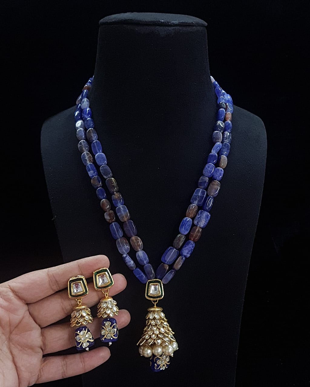 Handmade Patwa Stone Bead Jewelry Set – Indian Bell Pendant Necklace & Earrings