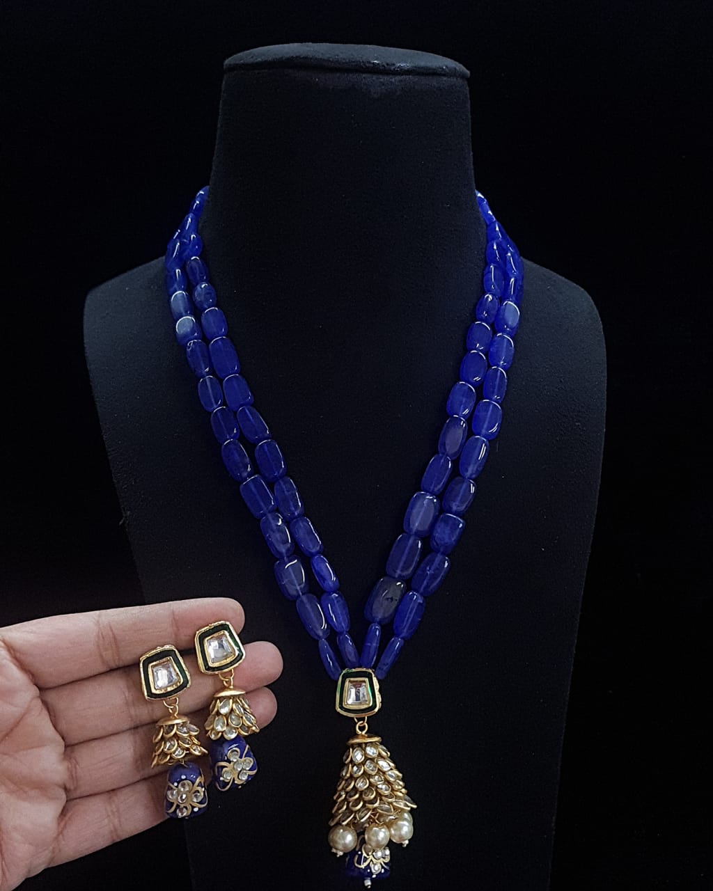 Handmade Patwa Stone Bead Jewelry Set – Indian Bell Pendant Necklace & Earrings