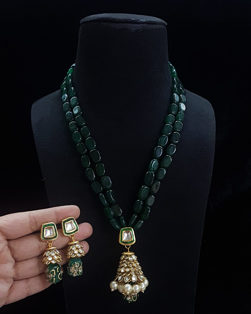 Handmade Patwa Stone Bead Jewelry Set – Indian Bell Pendant Necklace & Earrings