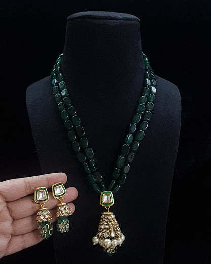 Handmade Patwa Stone Bead Jewelry Set – Indian Bell Pendant Necklace & Earrings