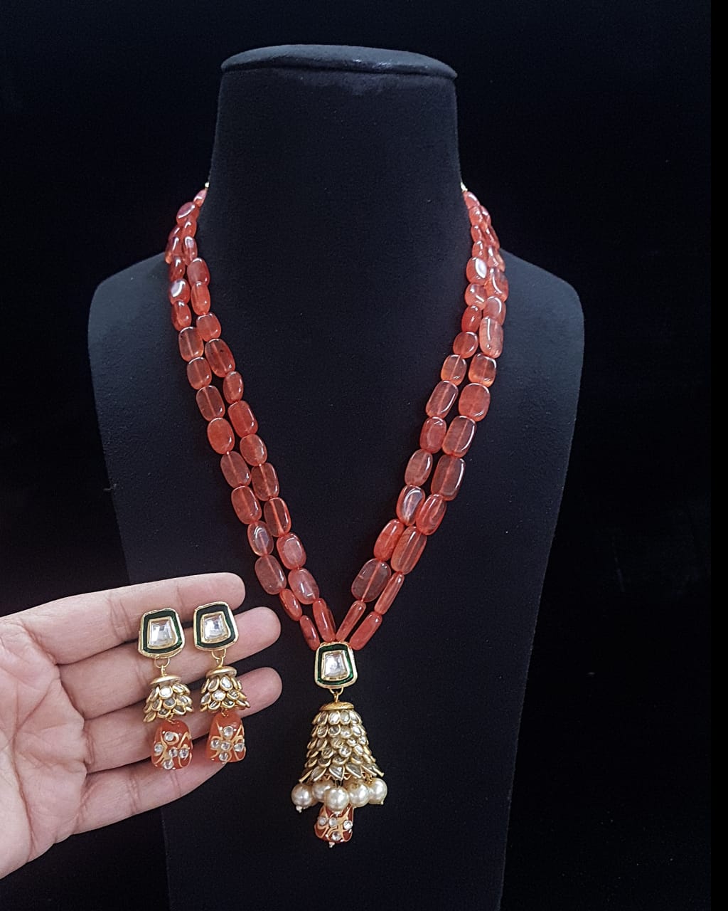 Handmade Patwa Stone Bead Jewelry Set – Indian Bell Pendant Necklace & Earrings